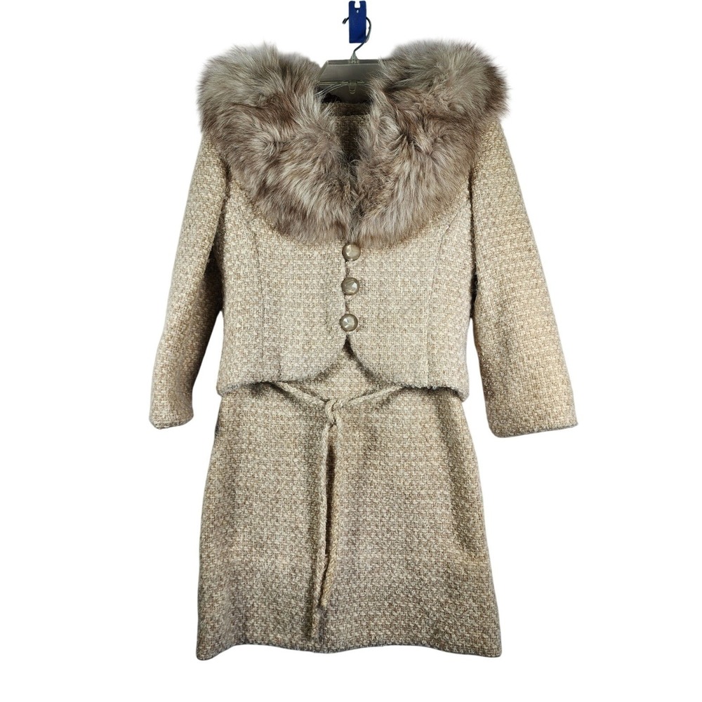 1960s Vintage Handmade S Beige Tweed Bouclé Dress Jacket Set Fur Collar Jackie O